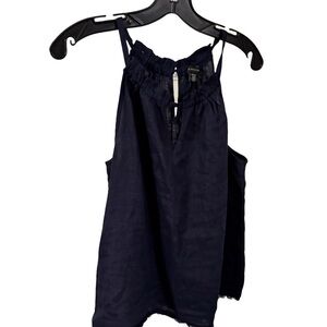 SAKS FIFTH AVENUE Women’s Navy Blue 100% Linen Halter Keyhole Neckline Top Sz M